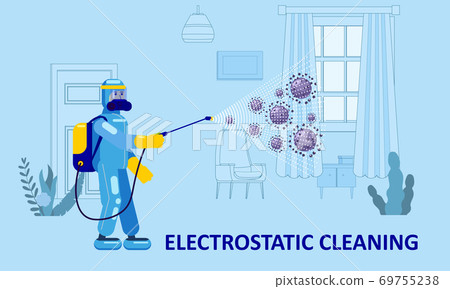 Electrostatic Disinfection Cleaning service. Man dressed in uniform in a special suit with equipment with electrostatic spray conducts disinfection in the living room Electrostatic Disinfection Cleaning service. Man dressed in uniform in a special suit with equipment with electrostatic spray conducts disinfection in the living room 69755238