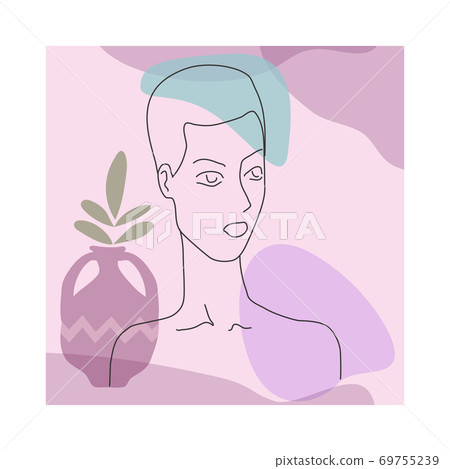 Woman line portrate in modern minimalist style trendy. Abstract shape pastel warm colors,flowers, vase. Editable outline Woman line portrate in modern minimalist style trendy. Abstract shape pastel warm colors,flowers, vase. Editable outline 69755239
