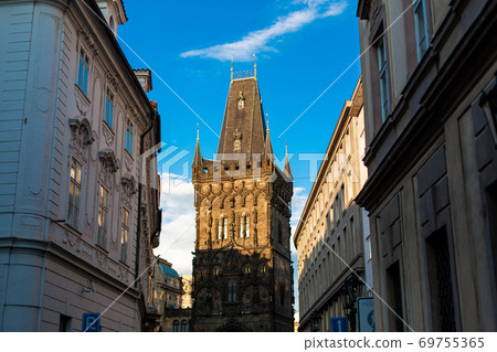 Powder tower or powder gate. Gothic tower in Prague, Czech Republic. It is one of the original city gates. It separates the Old Town from the New Town 69755365