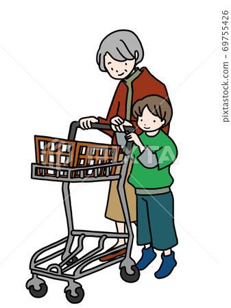 Hand drawn illustration of a boy pushing a shopping cart with grandma Hand drawn illustration of a boy pushing a shopping cart with grandma 69755426