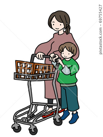 Hand-drawn illustration of a boy pushing a shopping cart with a pregnant mom Hand-drawn illustration of a boy pushing a shopping cart with a pregnant mom 69755427