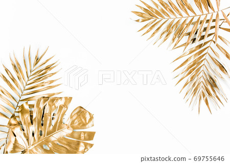 Gold tropical palm leaves Monstera on white background. Flat lay, top view minimal concept. 69755646