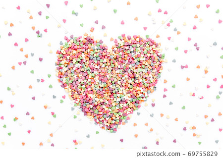 Valentine's Day composition. Flat lay, top view of multicolored, colorful hearts texture. Love concept. 69755829