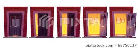 Opening wooden front door in brick wall Opening wooden front door in brick wall 69756137