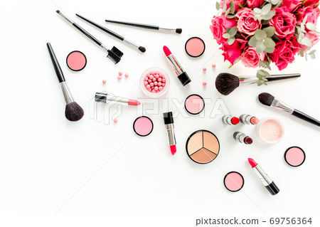 Professional decorative cosmetics, makeup tools on white background. Flat composition beauty, fashion. flat lay, top view Professional decorative cosmetics, makeup tools on white background. Flat composition beauty, fashion. flat lay, top view 69756364