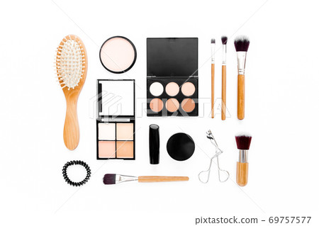 Professional makeup tools. Makeup tools brushes. Flat composition. magazines, social media. Top view. Flat lay. Professional makeup tools. Makeup tools brushes. Flat composition. magazines, social media. Top view. Flat lay. 69757577