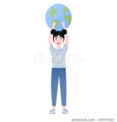 Earth day illustration, cute girl hlding solar planet, saving from pollution and damage, educational poster Earth day illustration, cute girl hlding solar planet, saving from pollution and damage, educational poster 69757581