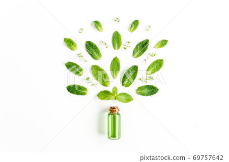 Essential oil and greenmint leaves on white background. Medicinal herbs. Flat lay. Top view. 69757642