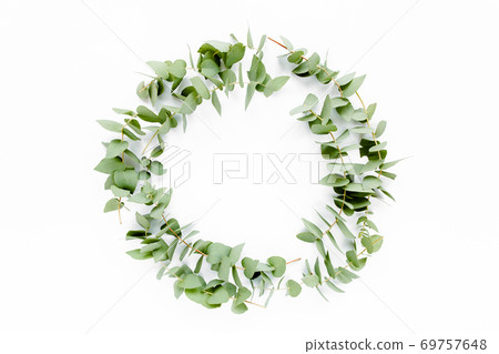 Wreath frame made of branches eucalyptus isolated on white background. lay flat, top view Wreath frame made of branches eucalyptus isolated on white background. lay flat, top view 69757648