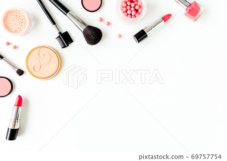 Professional decorative cosmetics, makeup tools on white background with copy space for text. Flat composition beauty, fashion. flat lay, top view 69757754