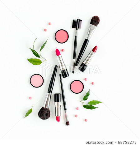 Professional decorative cosmetics, makeup tools on white background. Flat composition beauty, fashion. flat lay, top view 69758275