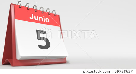 June 5 date written in Spanish on the flip calendar, 3d rendering June 5 date written in Spanish on the flip calendar, 3d rendering 69758637