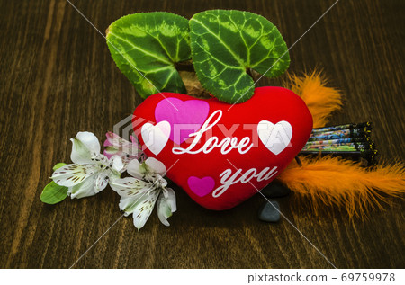 Cute red heart with the words "I love you", next to flowers,colorful feathers, leaves on polished boards Cute red heart with the words "I love you", next to flowers,colorful feathers, leaves on polished boards 69759978