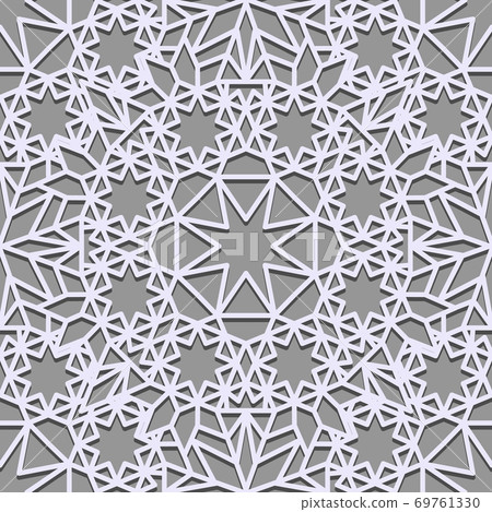 Wallpaper, Seamless pattern for continuous replicate in Islamic style. Seamless background. Gray and white texture with four-pointed stars. Arabic line art backdrop Wallpaper, Seamless pattern for continuous replicate in Islamic style. Seamless background. Gray and white texture with four-pointed stars. Arabic line art backdrop 69761330