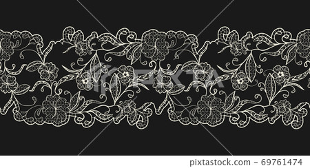 White lace on a black background. Horizontal seamless pattern. Openwork ribbon border. 69761474
