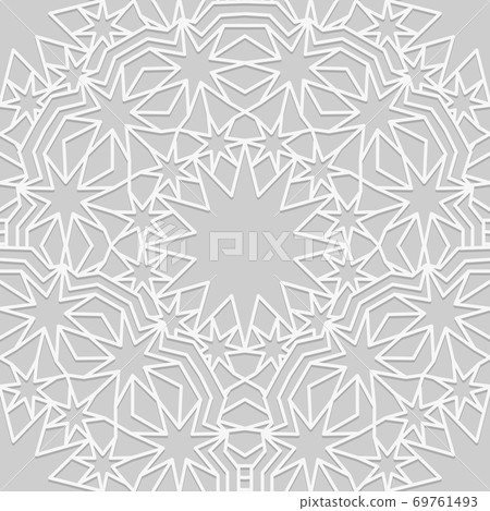 Seamless tiled pattern in traditional arabian style. Linear Geometric muslim ornament backdrop. White on gray color palette 69761493