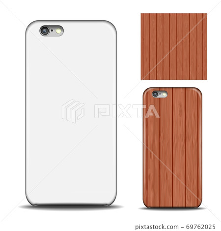 Phone cover. Reverse side of smartphone. Wood texture pattern for design. Mock up with an example. isolated on white background. 69762025