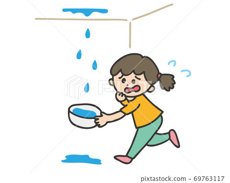 Illustration of a woman in a hurry due to a leak 69763117