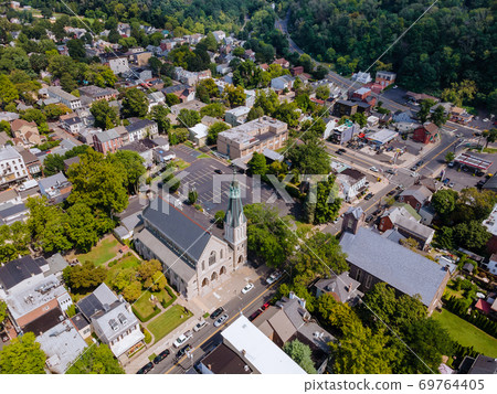 Scenic seasonal landscape from above aerial view of a small town in Lambertville New Jersey USA Scenic seasonal landscape from above aerial view of a small town in Lambertville New Jersey USA 69764405
