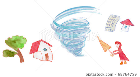 Watercolor illustration of swirls and trees, houses, and people holding umbrellas in the image of a typhoon 69764759
