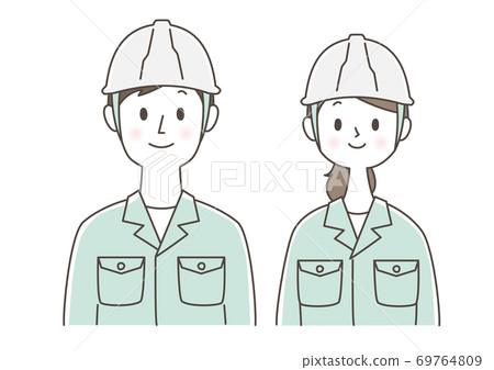 Men and women in work clothes smile Men and women in work clothes smile 69764809