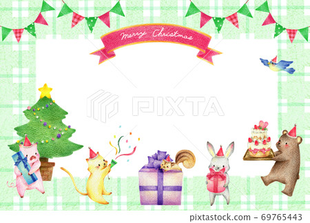 Animal hand drawn colored pencil drawing Christmas background 69765443