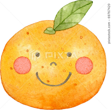 Watercolor illustration of a cute tangerine character with leaves (with face) 69767420