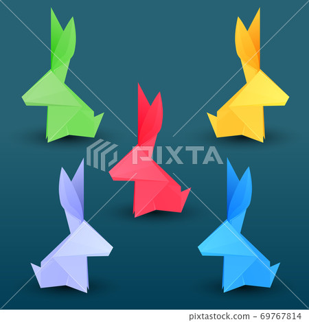 Set of multicolored paper origami hares. Paper Zoo. 69767814