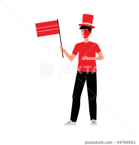 Man sport football fan in red t-shirt and hat flat vector illustration isolated. 69768001