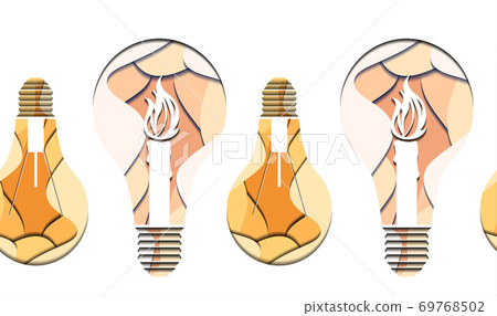 Seamless pattern of 3d Illustration of light bulb with burning candle cut from paper on white background. 69768502
