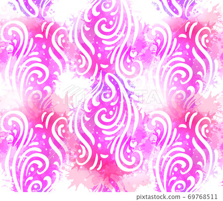 Seamless pattern with Vintage tracery on watercolor background with splashes and sprays. Seamless pattern with Vintage tracery on watercolor background with splashes and sprays. 69768511