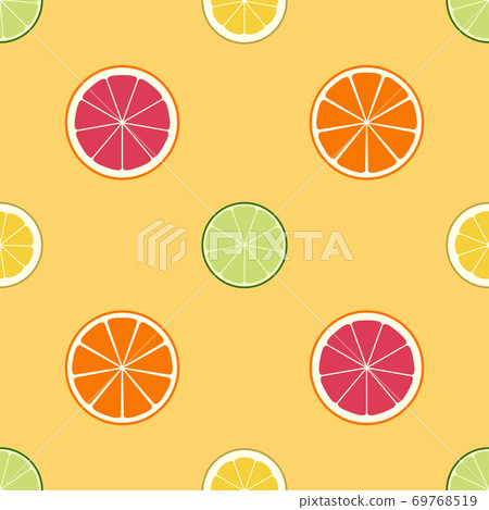 Seamless citrus pattern. Lemon, lime, orange, grapefruit. Juicy texture, background with slices of different fruits. Flat design. Vector Illustration. Seamless citrus pattern. Lemon, lime, orange, grapefruit. Juicy texture, background with slices of different fruits. Flat design. Vector Illustration. 69768519