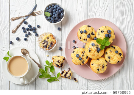 Blueberry muffins on a pink plate, top view Blueberry muffins on a pink plate, top view 69768995