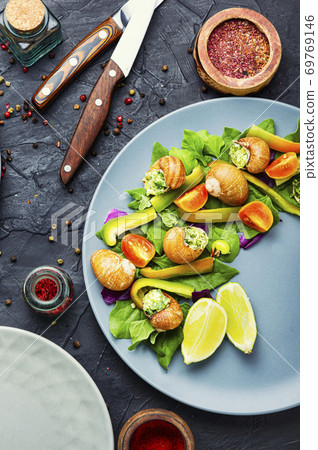 Salad with vegetables and snails 69769146