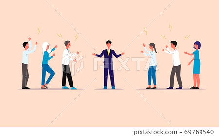 Businessman mediator between conflicting people, flat vector illustration. 69769540