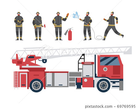 Red firetruck and firefighters, flat cartoon vector illustration isolated 69769595