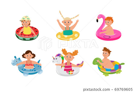 Set of kids swimming with rubber ring, flat cartoon vector illustration isolated 69769605