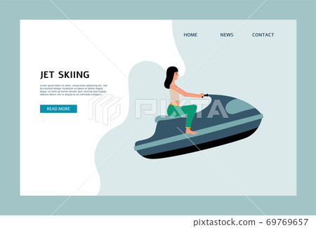 Jet skiing website banner with cartoon woman using water transport. Jet skiing website banner with cartoon woman using water transport. 69769657