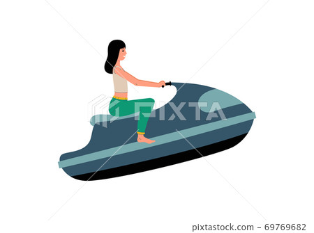 Cartoon woman riding water jet craft isolated on white background. Cartoon woman riding water jet craft isolated on white background. 69769682