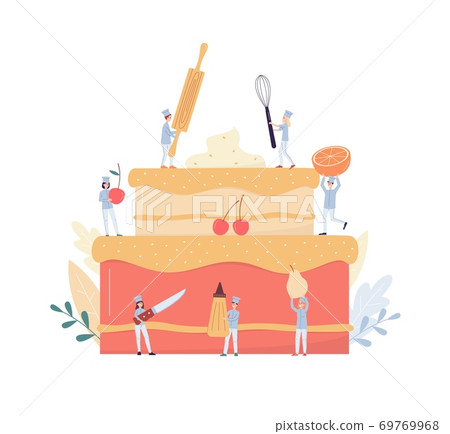 Tiny confectioners and bakers decorate cake flat vector illustration isolated. 69769968