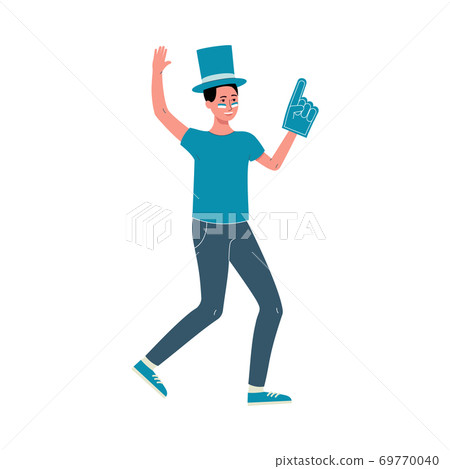 Football fan in team color hat, foam hand and face paint cheering Football fan in team color hat, foam hand and face paint cheering 69770040
