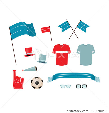 An attributes for football fans set isolated vector illustrations. An attributes for football fans set isolated vector illustrations. 69770042