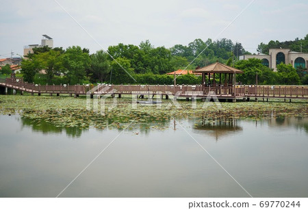 Korean small pond and wooden bridge Korean small pond and wooden bridge 69770244