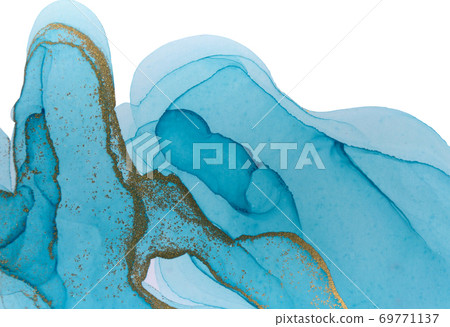 Alcohol ink blue and gold texture isolated on white background. Ocean style watercolor texture. 69771137