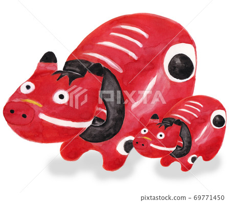 Cute watercolor hand-painted ``Akabeko'' parent and child Japanese folk art from Fukushima Prefecture Ideal for New Year's cards Left-facing side-by-side illustration of a cow Cute watercolor hand-painted ``Akabeko'' parent and child Japanese folk art from Fukushima Prefecture Ideal for New Year's cards Left-facing side-by-side illustration of a cow 69771450