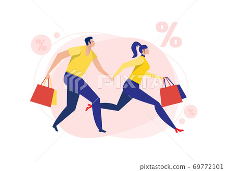 Woman and man running for sale discount black friday on white background . 69772101