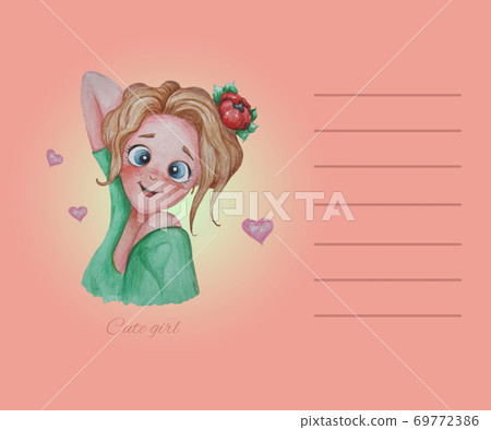 cute girl. A beautiful, smiling girl with a scarlet flower in her hairstyle on a pink background with hearts. Horizontal poster, sticky note with lines for writing text. Watercolor. Hand drawing cute girl. A beautiful, smiling girl with a scarlet flower in her hairstyle on a pink background with hearts. Horizontal poster, sticky note with lines for writing text. Watercolor. Hand drawing 69772386