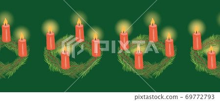 Christmas wreath seamless border. Four Advent Candles on Christmas Wreath repeating pattern. Hand Christmas wreath seamless border. Four Advent Candles on Christmas Wreath repeating pattern. Hand 69772793