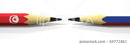 Two pencils with flags of Tunisia and Russia, political conflict related 3d rendering Two pencils with flags of Tunisia and Russia, political conflict related 3d rendering 69772861