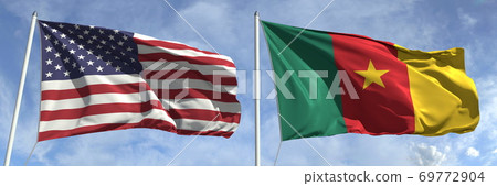 Waving flags of the USA and Cameroon on flagpoles, 3d rendering Waving flags of the USA and Cameroon on flagpoles, 3d rendering 69772904
